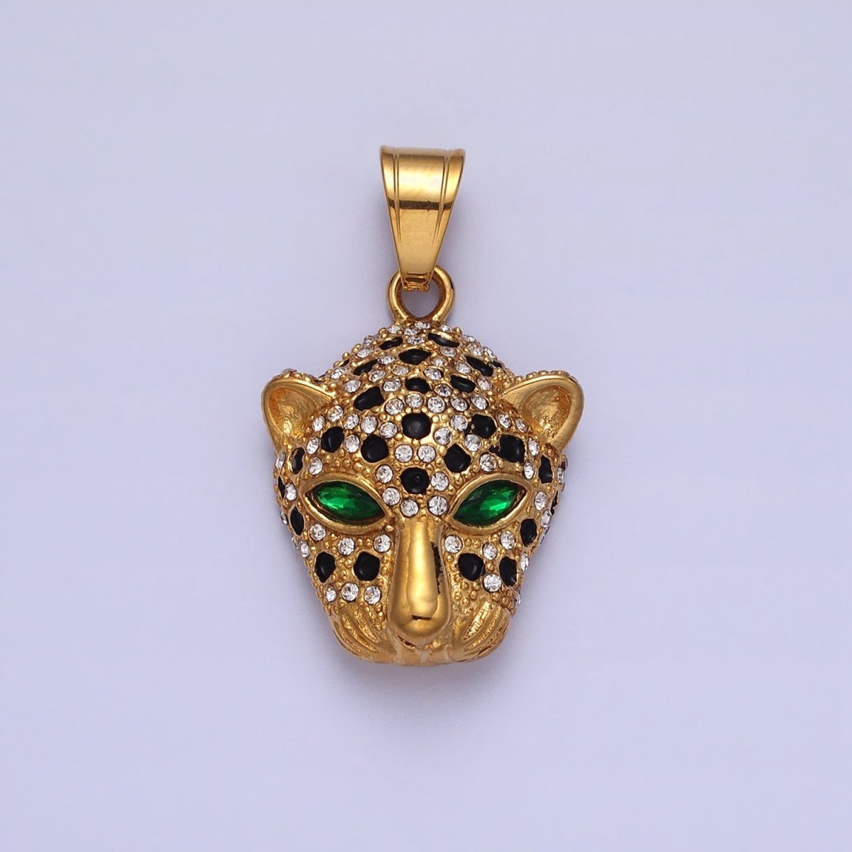 Stainless Steel Green-Eyed CZ Jaguar Animal Black White Micro Paved CZ Gold & Silver Pendant J-755 J-758