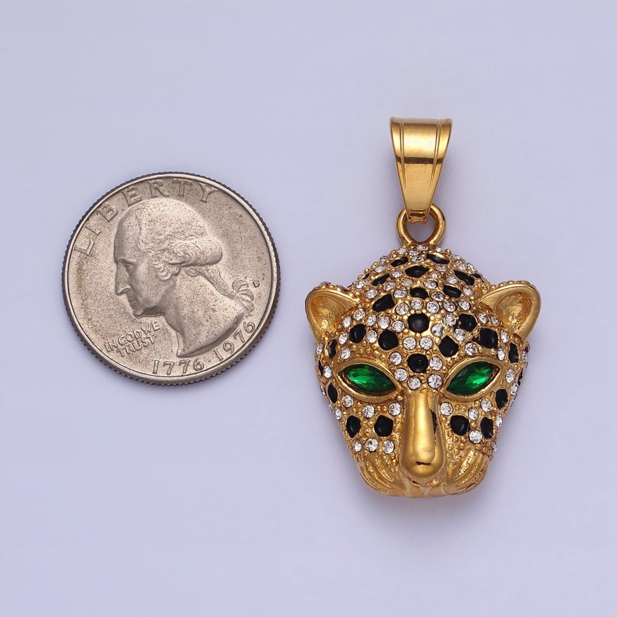 Stainless Steel Green-Eyed CZ Jaguar Animal Black White Micro Paved CZ Gold & Silver Pendant J-755 J-758