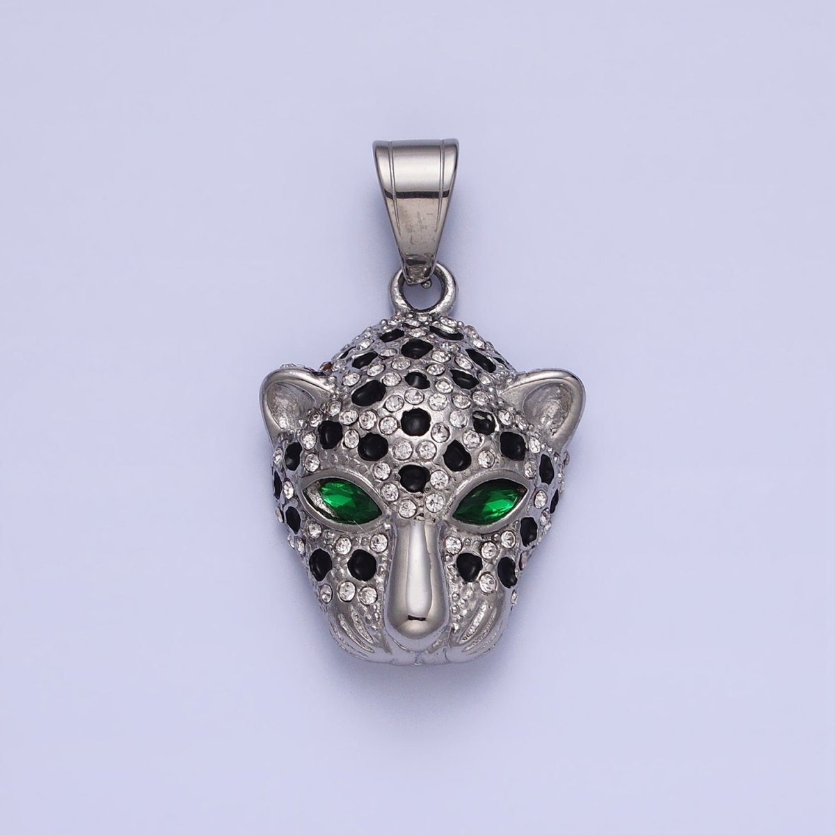 Stainless Steel Green-Eyed CZ Jaguar Animal Black White Micro Paved CZ Gold & Silver Pendant J-755 J-758