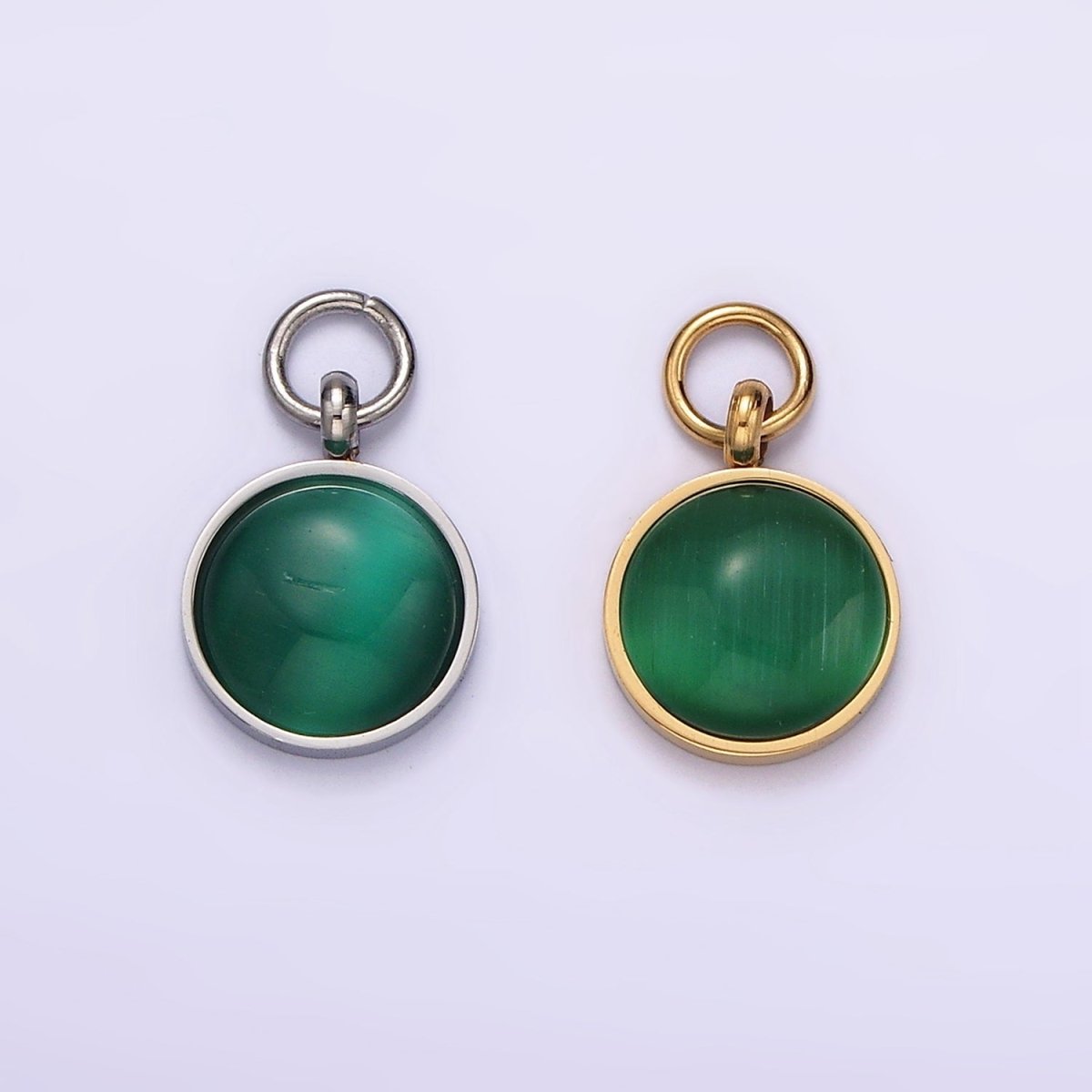 Stainless Steel Green Malachite Round Gemstone Charm in Gold & Silver | P1265