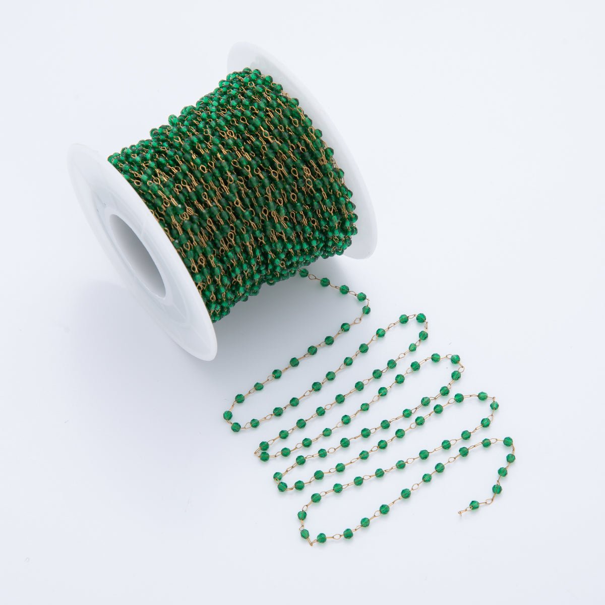 Stainless Steel Green Multifaceted Round Gemstone Cable Unfinished Chain by Yard | Roll - 1615 - DLUXCA