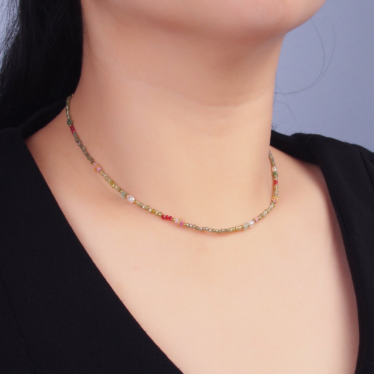 Stainless Steel Green - Red Natural Gemstone 15 Inch Choker Necklace | WA - 3098 - DLUXCA