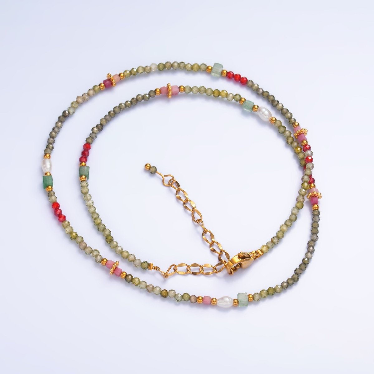 Stainless Steel Green - Red Natural Gemstone 15 Inch Choker Necklace | WA - 3098 - DLUXCA