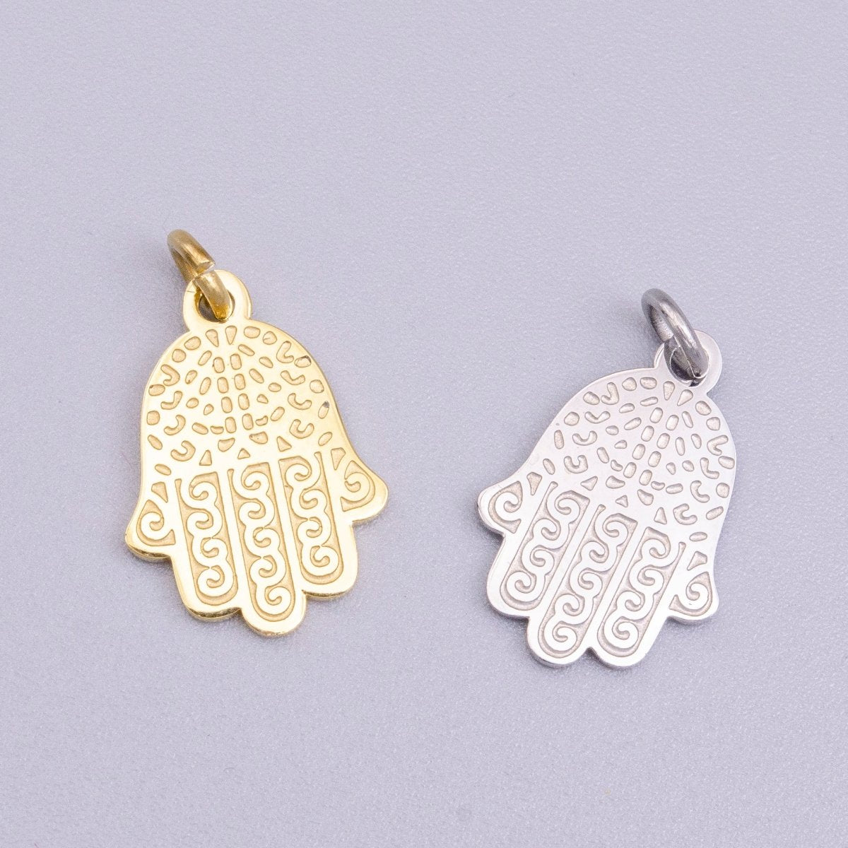 Stainless Steel Hamsa Hand Curl Doodle Engraved Charm in Gold & Silver | P-917