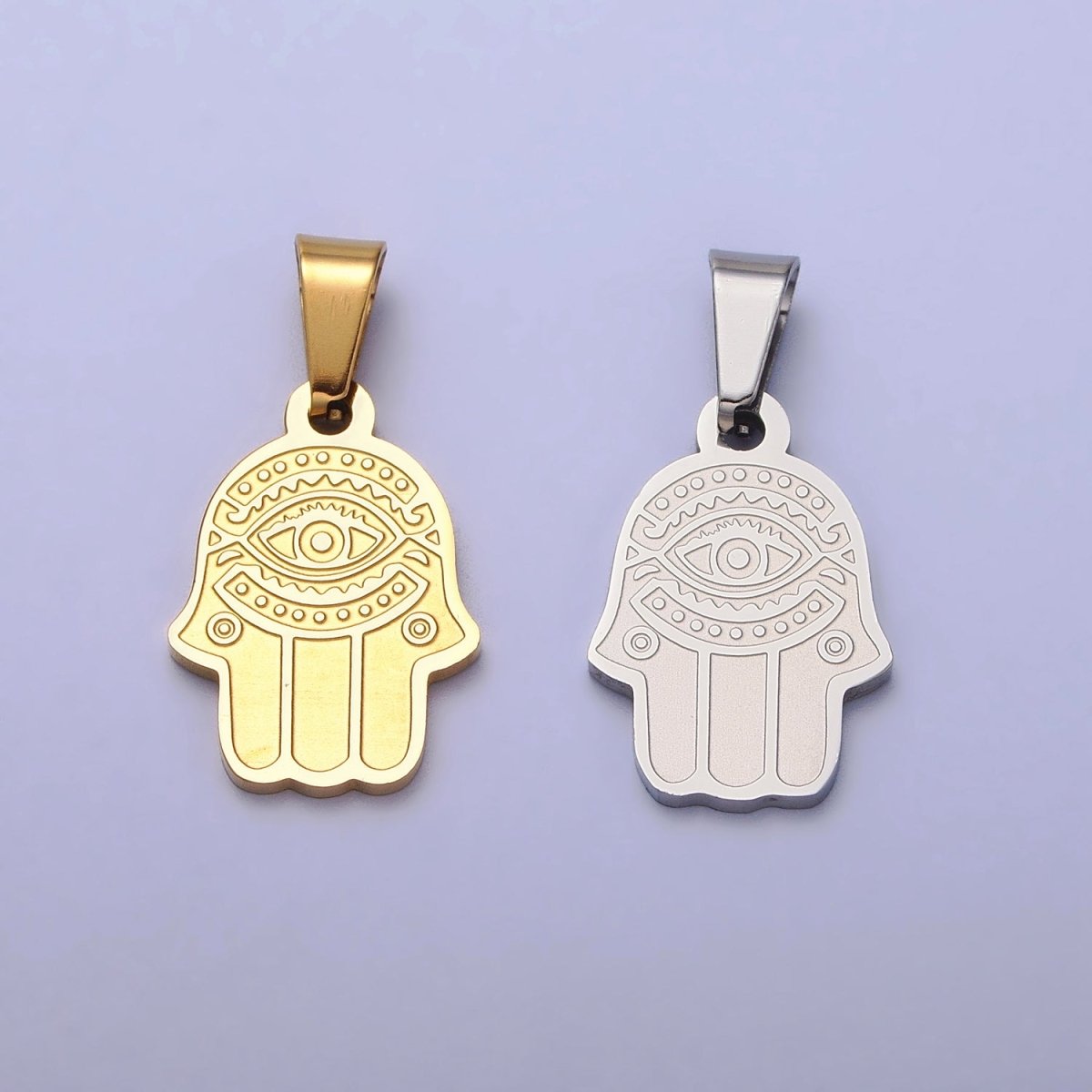 Stainless Steel Hamsa Hand Evil Eye Engraved Protection Pendant in Gold & Silver J-700 J-704