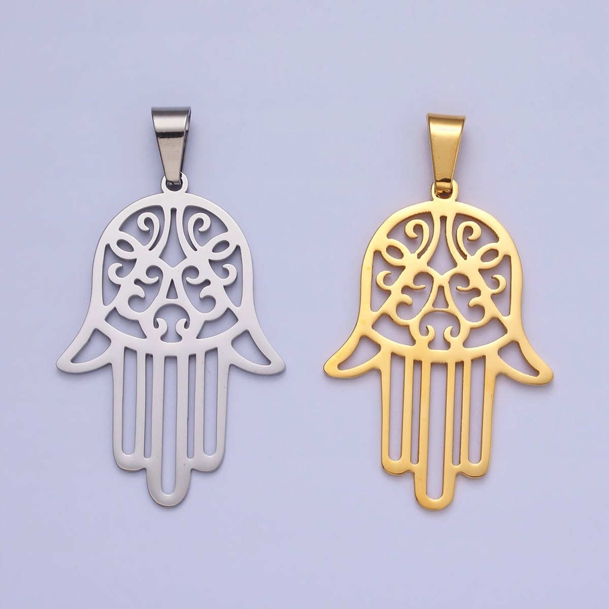 Stainless Steel Hamsa Hand Open 50mm Pendant in Gold & Silver J-712 J-713