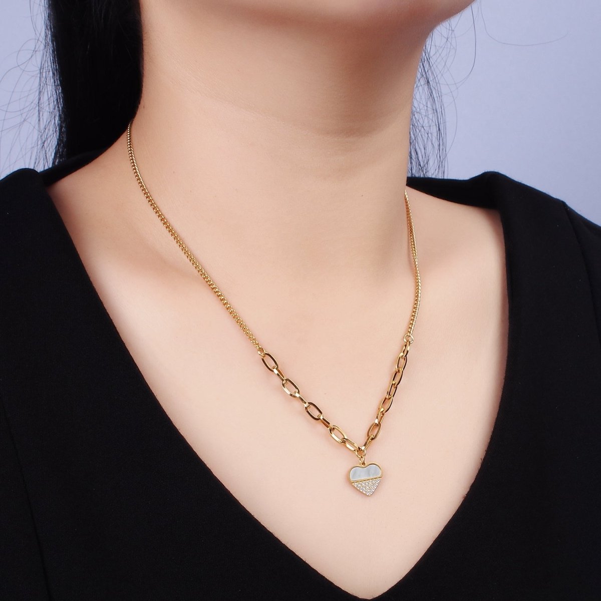 Stainless Steel Heart Micro Paved Shell Pearl Paperclip Curb 17 Inch Chain Necklace | WA-2052 Clearance Pricing - DLUXCA