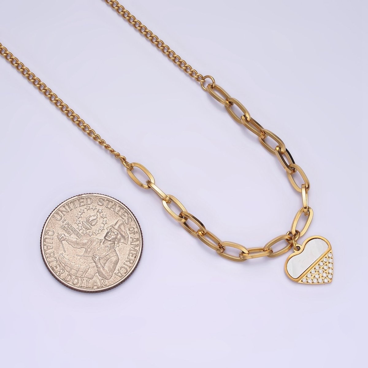Stainless Steel Heart Micro Paved Shell Pearl Paperclip Curb 17 Inch Chain Necklace | WA-2052 Clearance Pricing - DLUXCA