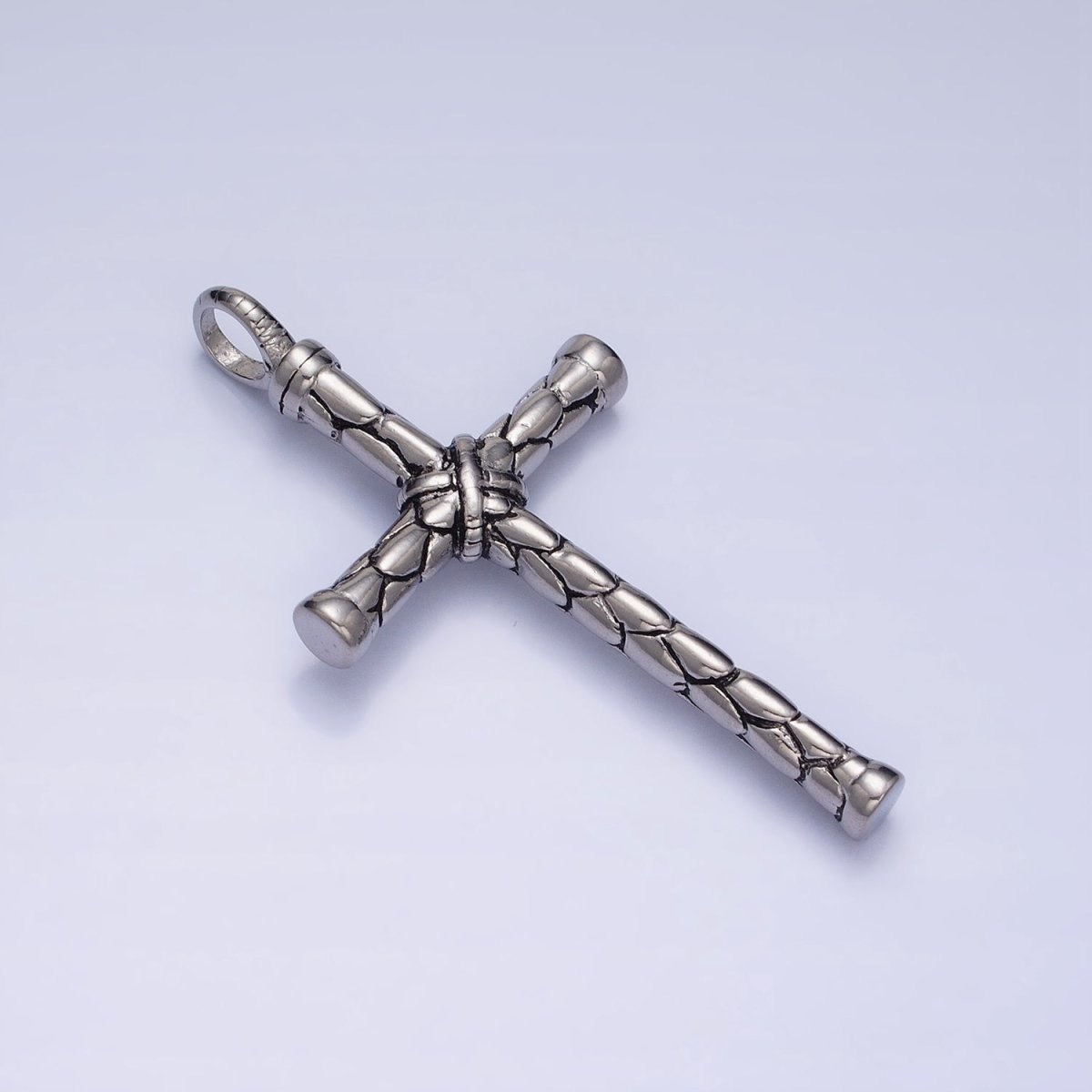Stainless Steel Hexagon-Engraved Tied Religious Latin Cross Pendant in Gold & Silver P-1143
