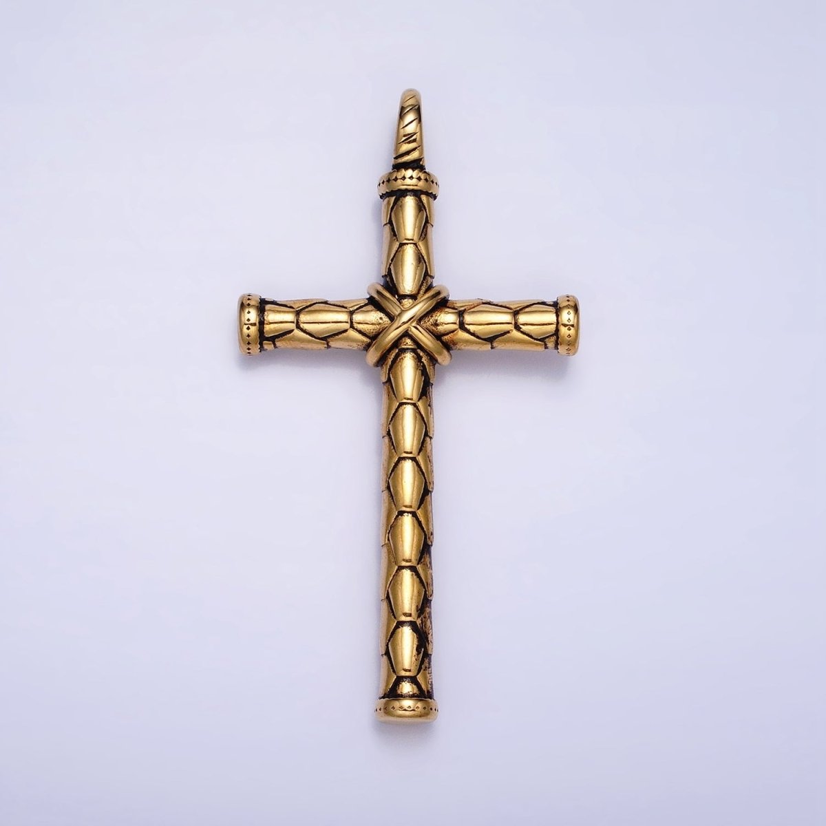 Stainless Steel Hexagon-Engraved Tied Religious Latin Cross Pendant in Gold & Silver P-1143
