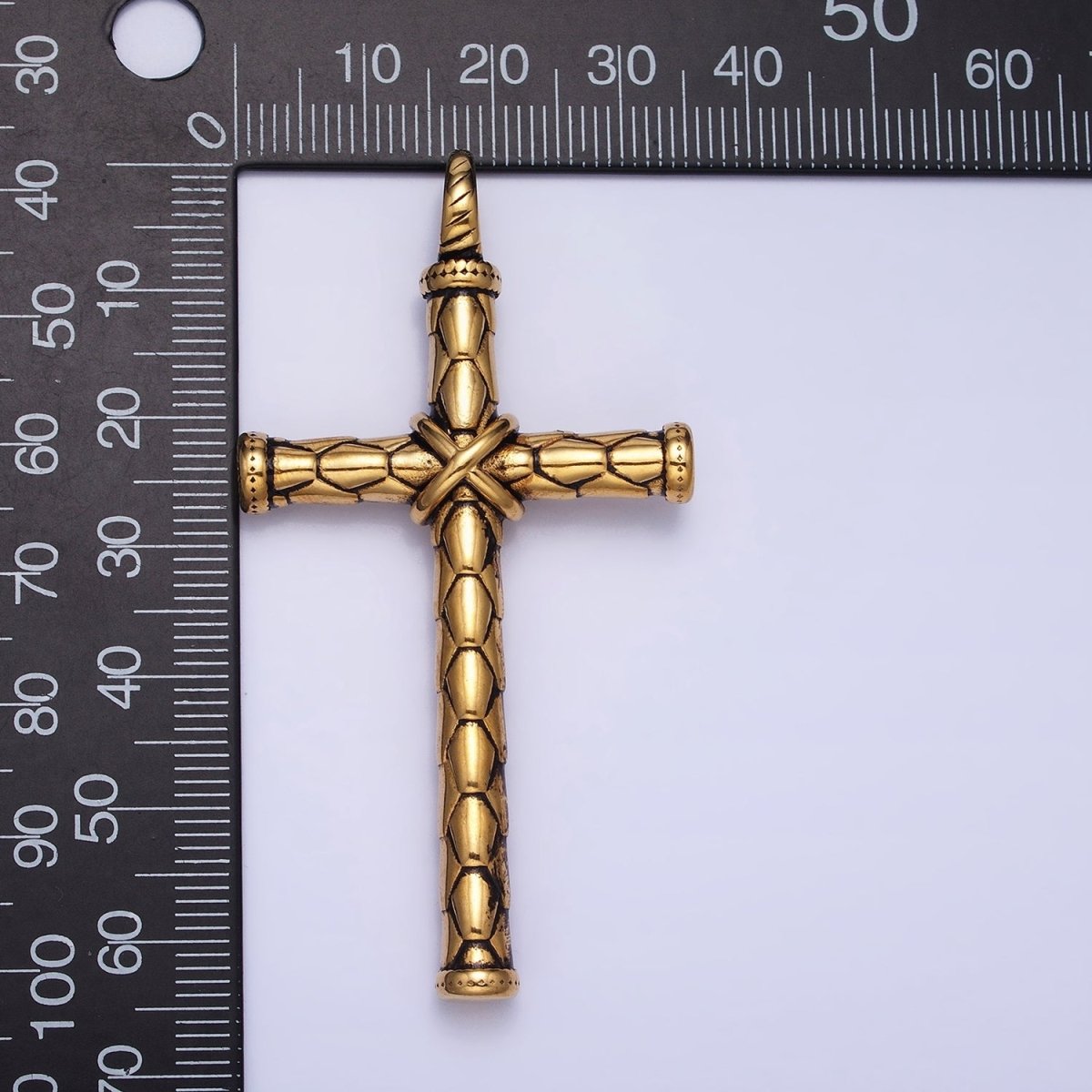 Stainless Steel Hexagon-Engraved Tied Religious Latin Cross Pendant in Gold & Silver P-1143