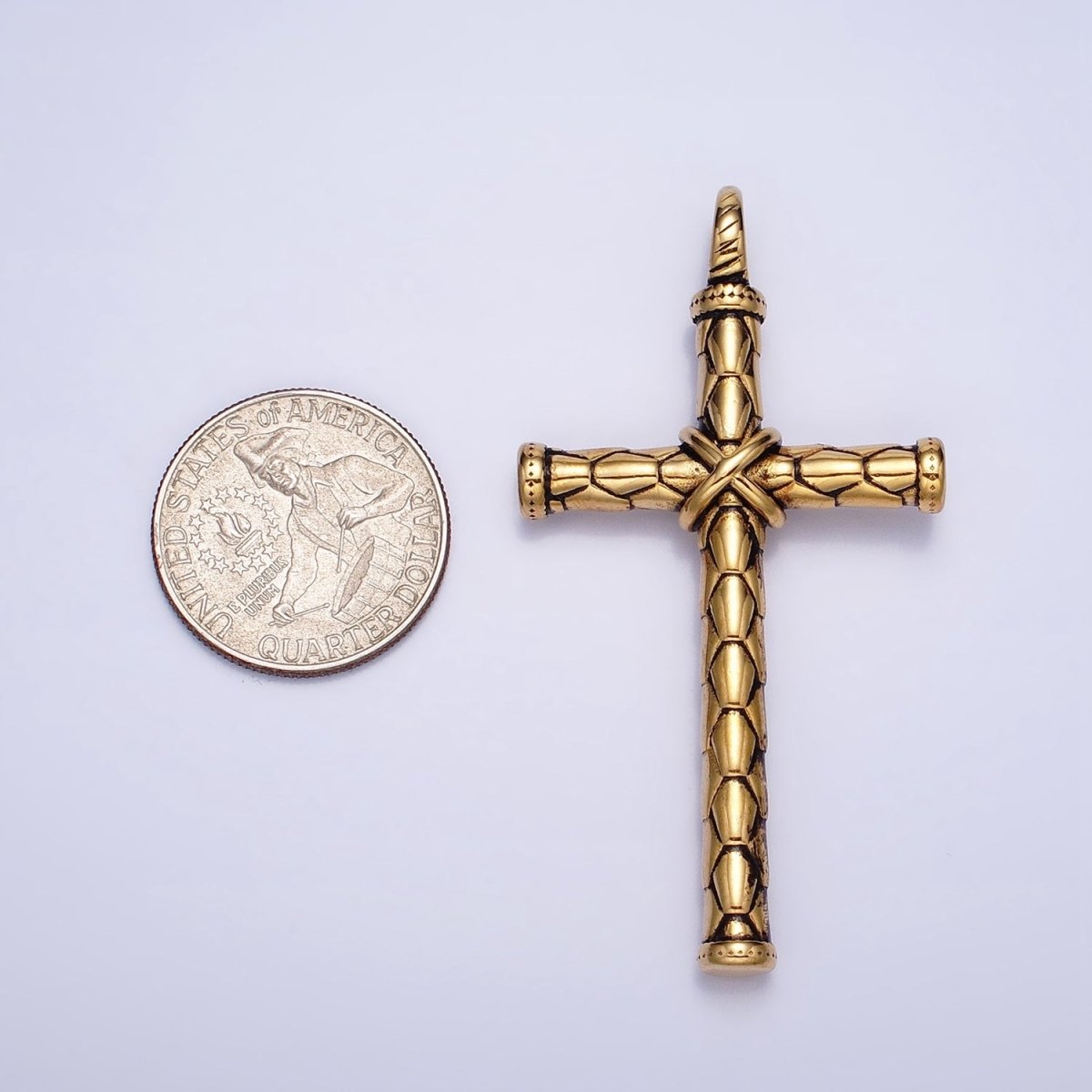 Stainless Steel Hexagon-Engraved Tied Religious Latin Cross Pendant in Gold & Silver P-1143