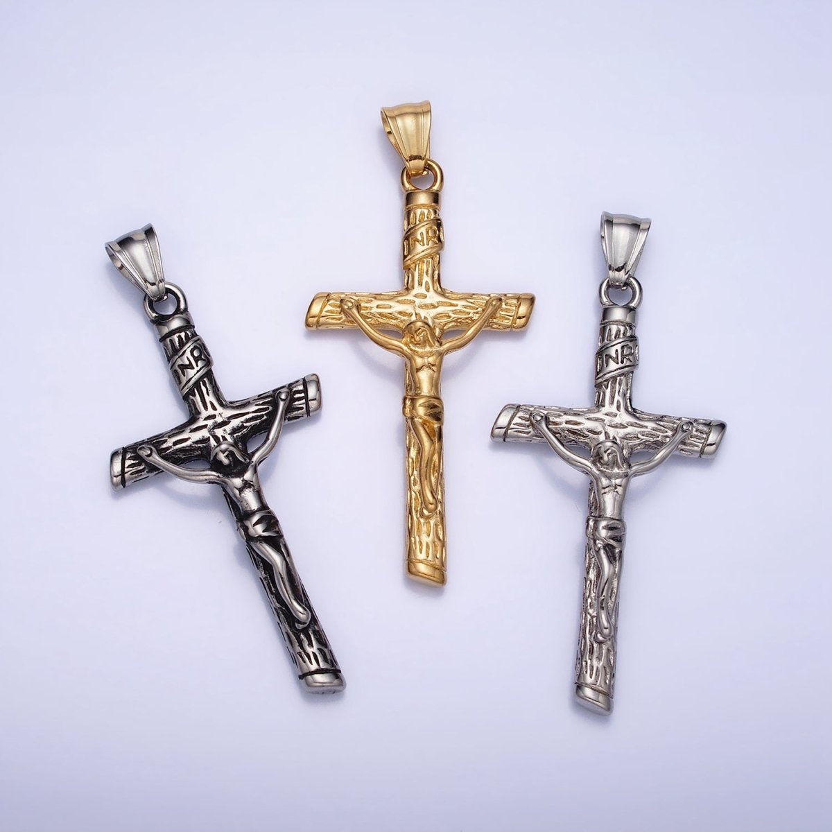 Stainless Steel INRI Crucifix Jesus Wood-Textured Cross 41.5mm Pendant in Gold, Silver & Black P1153 P1154