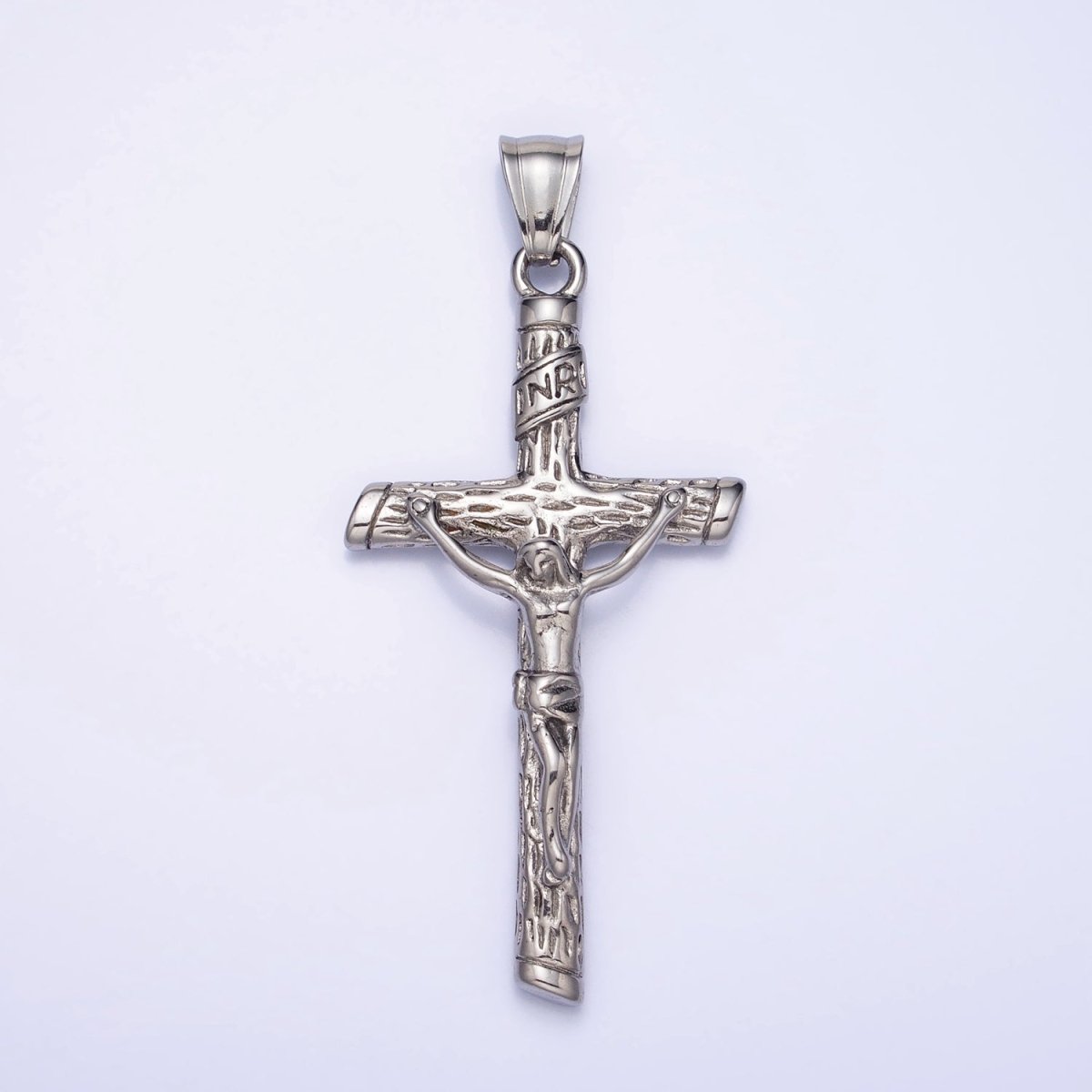 Stainless Steel INRI Crucifix Jesus Wood-Textured Cross 41.5mm Pendant in Gold, Silver & Black P1153 P1154