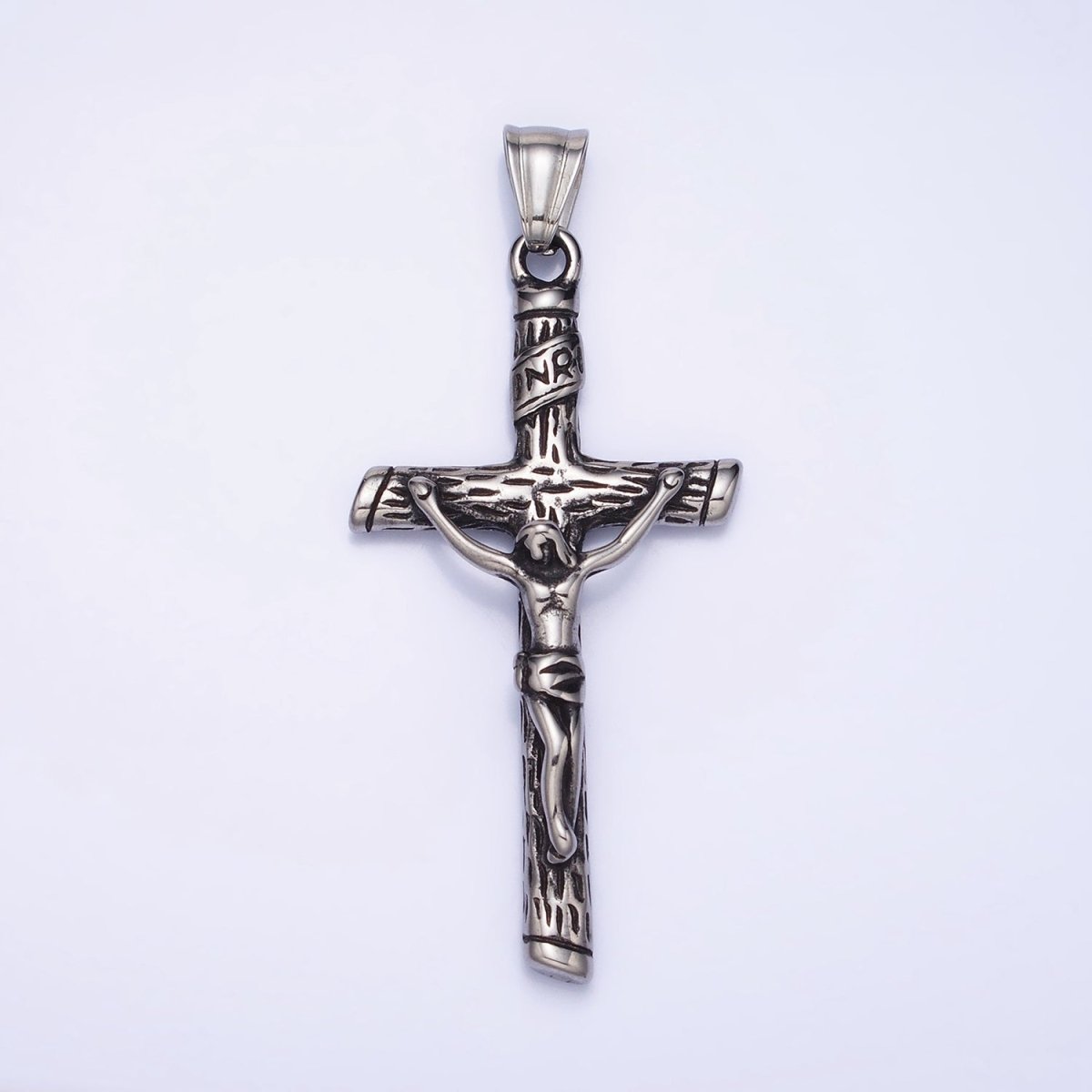 Stainless Steel INRI Crucifix Jesus Wood-Textured Cross 41.5mm Pendant in Gold, Silver & Black P1153 P1154