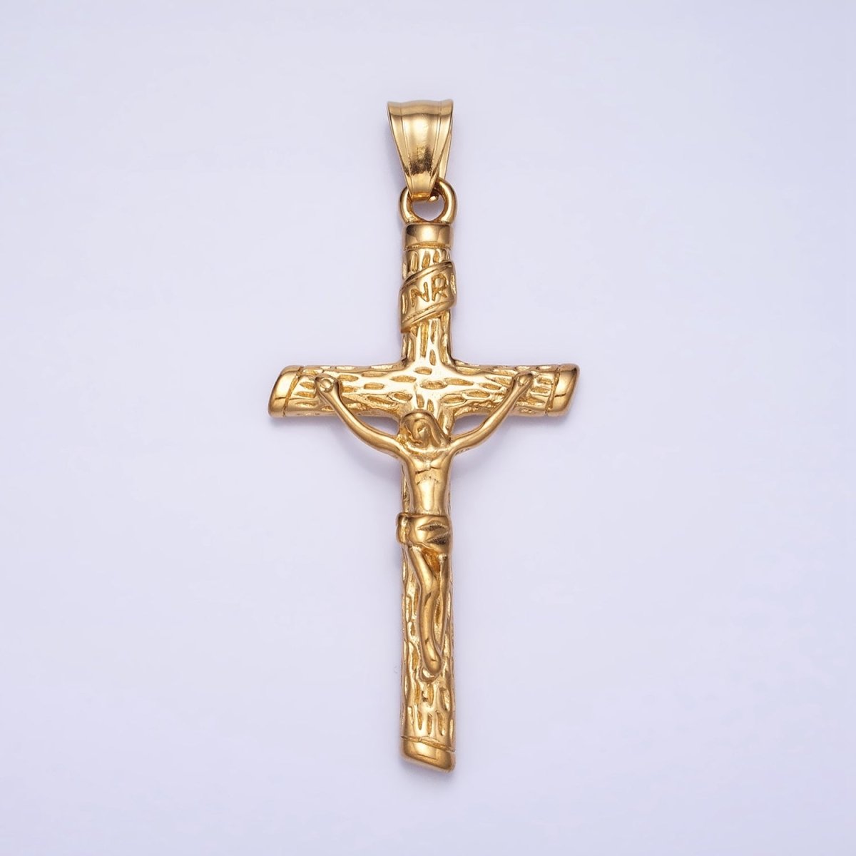 Stainless Steel INRI Crucifix Jesus Wood-Textured Cross 41.5mm Pendant in Gold, Silver & Black P1153 P1154