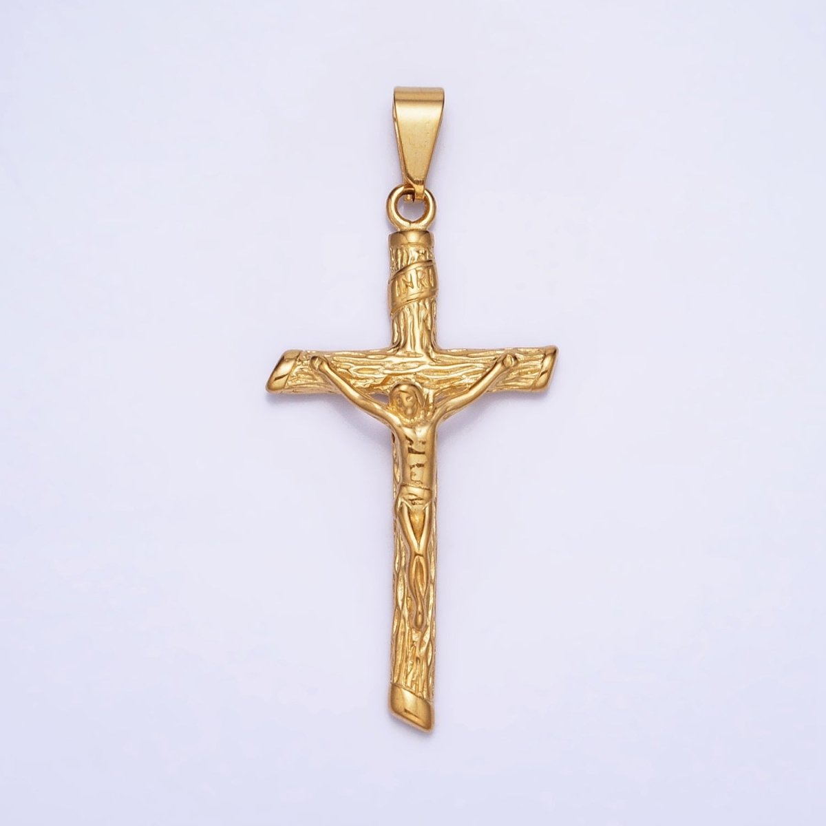 Stainless Steel INRI Crucifix Jesus Wood-Textured Cross 50mm Pendant in Gold & Silver J-812 J-813