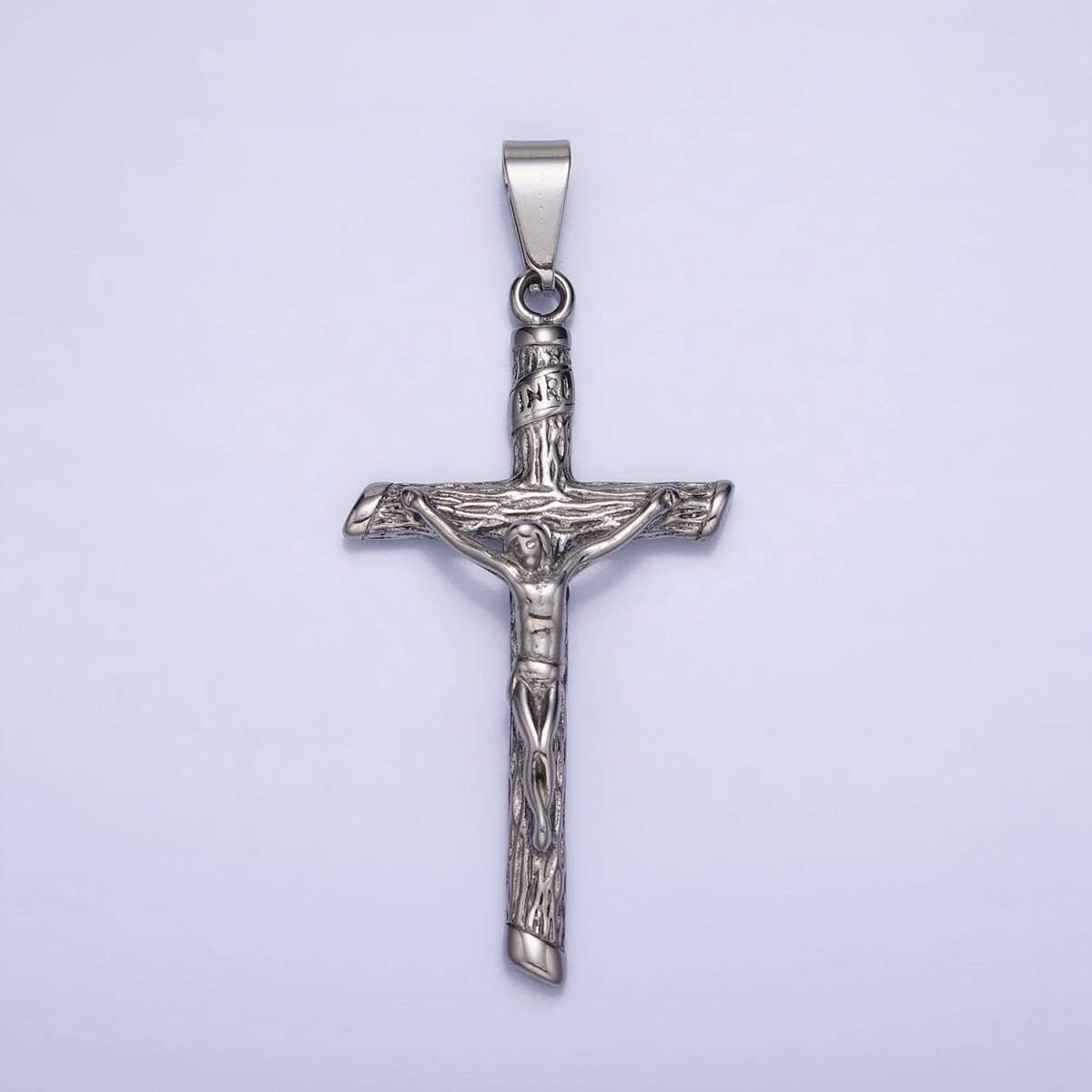 Stainless Steel INRI Crucifix Jesus Wood-Textured Cross 50mm Pendant in Gold & Silver J-812 J-813