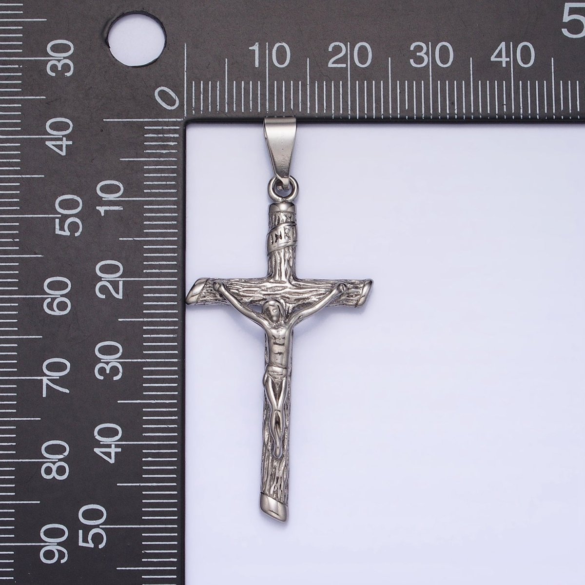 Stainless Steel INRI Crucifix Jesus Wood-Textured Cross 50mm Pendant in Gold & Silver J-812 J-813