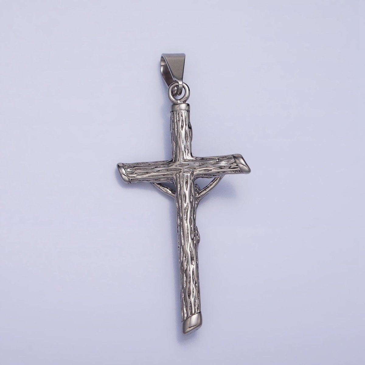 Stainless Steel INRI Crucifix Jesus Wood-Textured Cross 50mm Pendant in Gold & Silver J-812 J-813