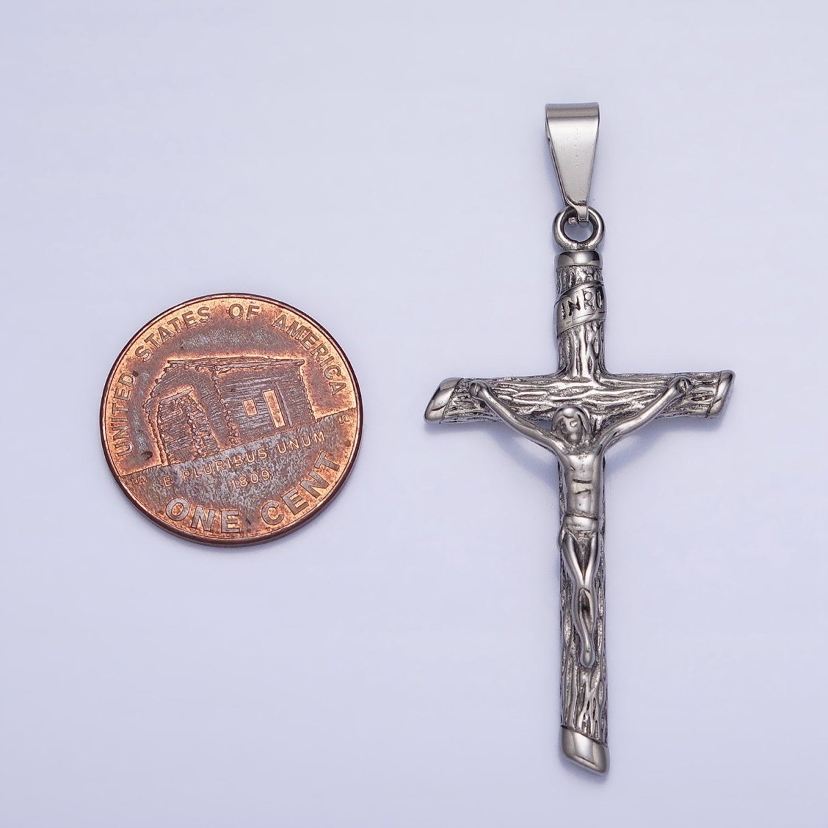 Stainless Steel INRI Crucifix Jesus Wood-Textured Cross 50mm Pendant in Gold & Silver J-812 J-813