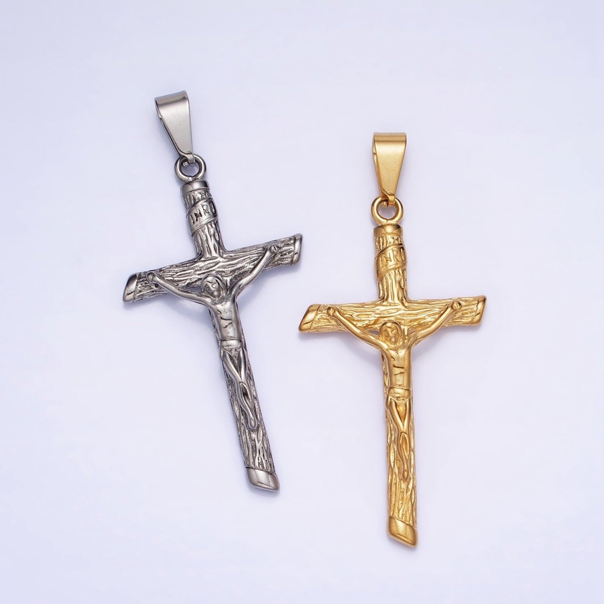 Stainless Steel INRI Crucifix Jesus Wood-Textured Cross 50mm Pendant in Gold & Silver J-812 J-813