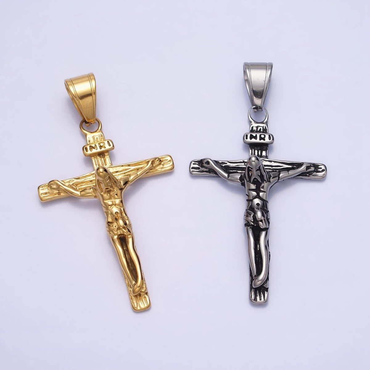 Stainless Steel INRI Jesus Crucifix Wood-Textured Religious Cross Pendant in Gold & Silver | P-1112