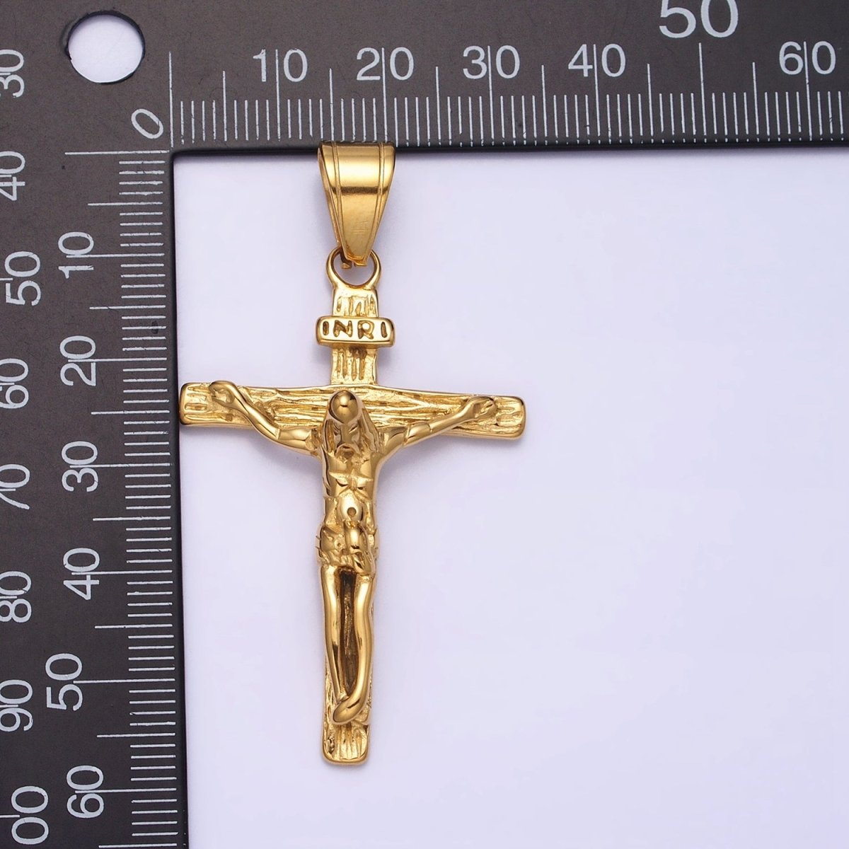 Stainless Steel INRI Jesus Crucifix Wood-Textured Religious Cross Pendant in Gold & Silver | P-1112