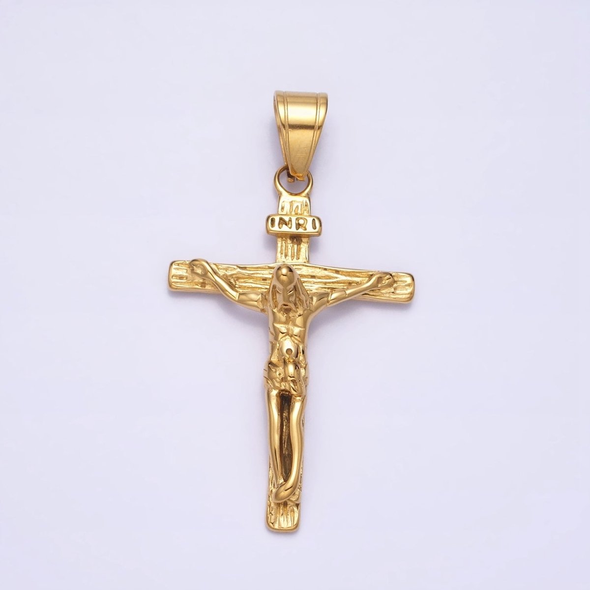 Stainless Steel INRI Jesus Crucifix Wood-Textured Religious Cross Pendant in Gold & Silver | P-1112