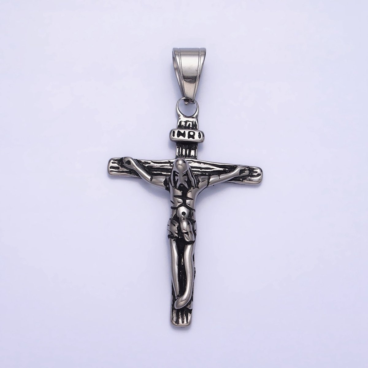 Stainless Steel INRI Jesus Crucifix Wood-Textured Religious Cross Pendant in Gold & Silver | P-1112