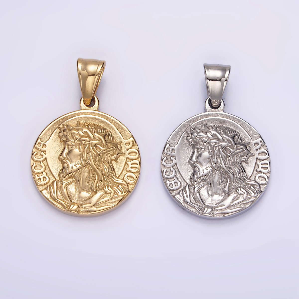 Stainless Steel Jesus Serenity Prayer Script Engraved Double Sided Round Pendant in Silver & Gold | P-821 P-822