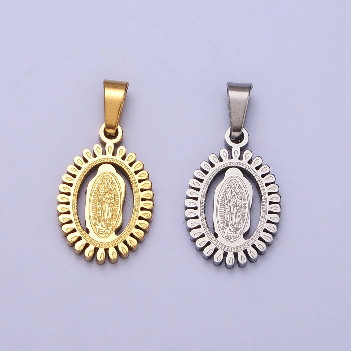 Stainless Steel Lady Guadalupe Virgin Mary Open Oval Pendant in Gold & Silver J-626 J-639