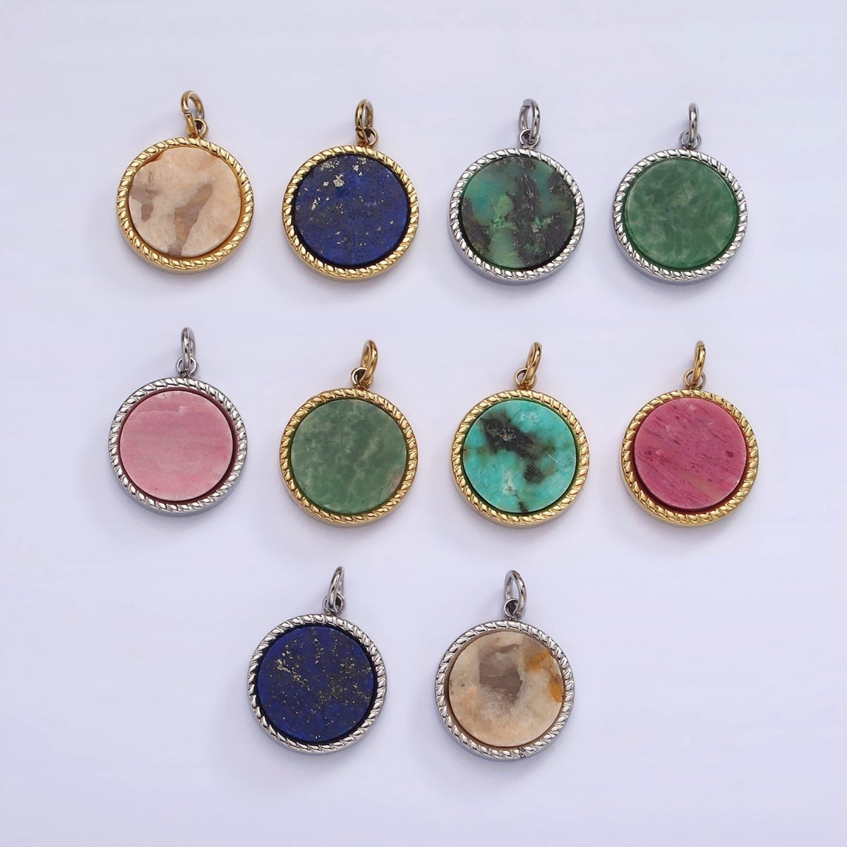Stainless Steel Lapis Lazuli, Sunstone, Zoisite, Tourmaline, Aventurine Braided Round Charm in Gold & Silver | P-698 ~P-707