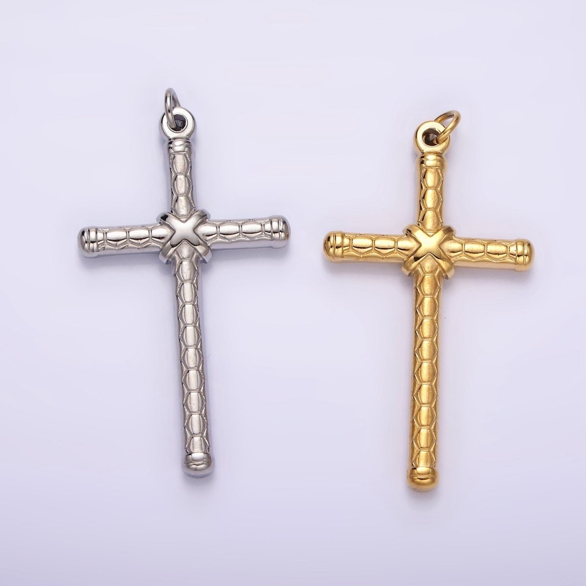 Stainless Steel Latin Cross Tied Hexagon Textured Charm in Gold & Silver | P1282 P1283