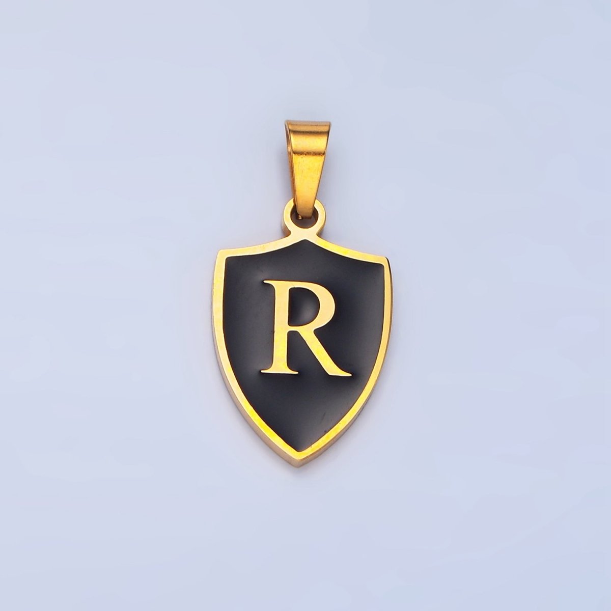 Stainless Steel Letter Initial Shield Black-White Enamel Double Sided Charm | A-A1617-A-A1629