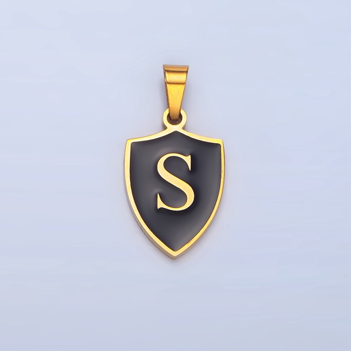 Stainless Steel Letter Initial Shield Black-White Enamel Double Sided Charm | A-A1617-A-A1629