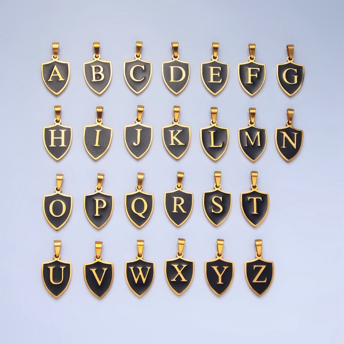Stainless Steel Letter Initial Shield Black-White Enamel Double Sided Charm | A-A1617-A-A1629