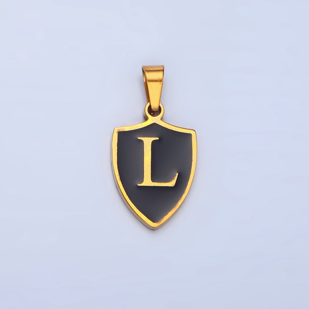 Stainless Steel Letter Initial Shield Black-White Enamel Double Sided Charm | A-A1617-A-A1629