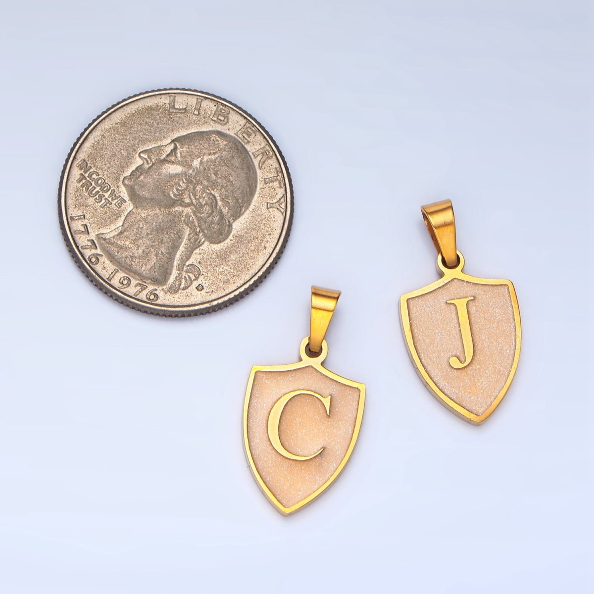 Stainless Steel Letter Initial Shield Black-White Enamel Double Sided Charm | A-A1617-A-A1629