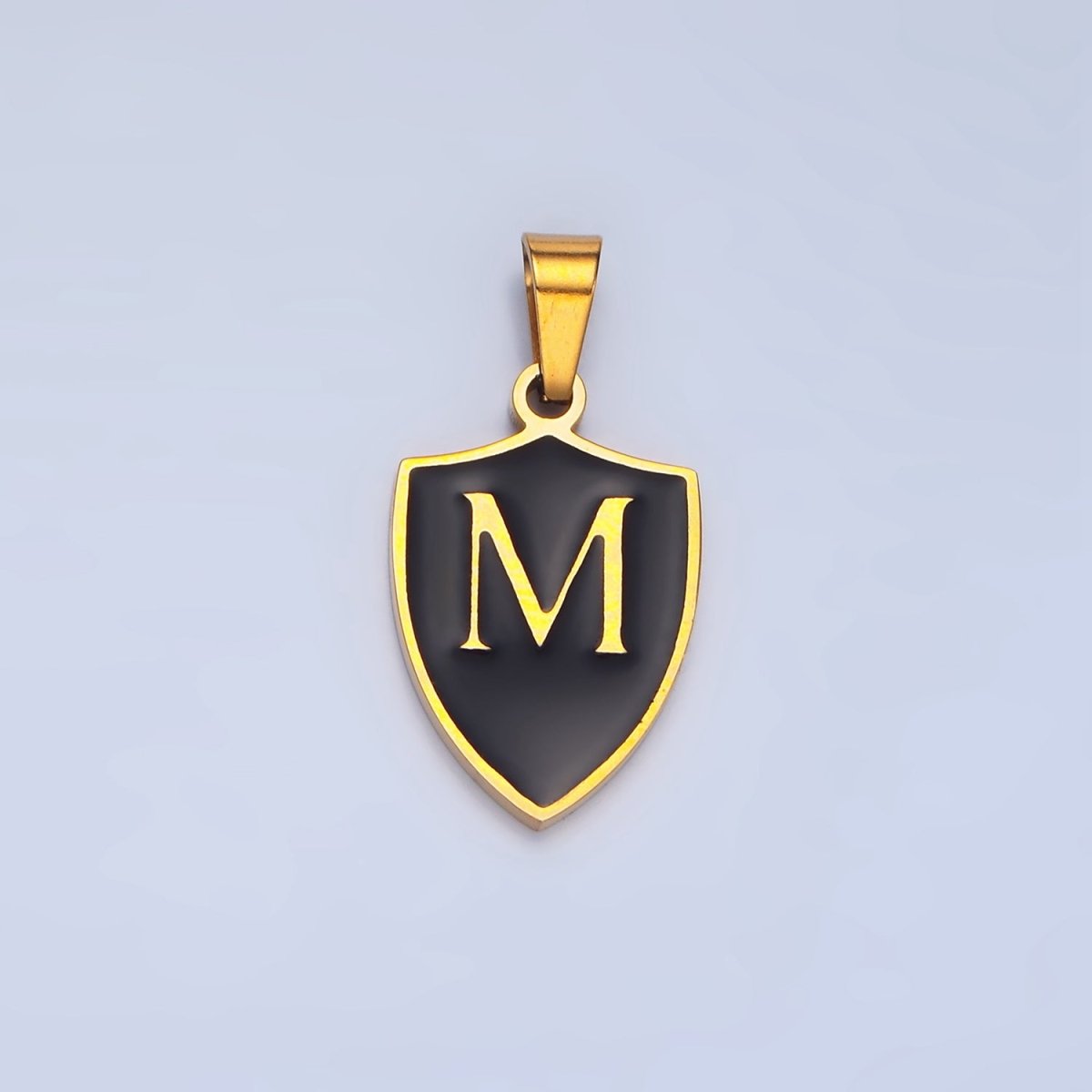 Stainless Steel Letter Initial Shield Black-White Enamel Double Sided Charm | A-A1617-A-A1629