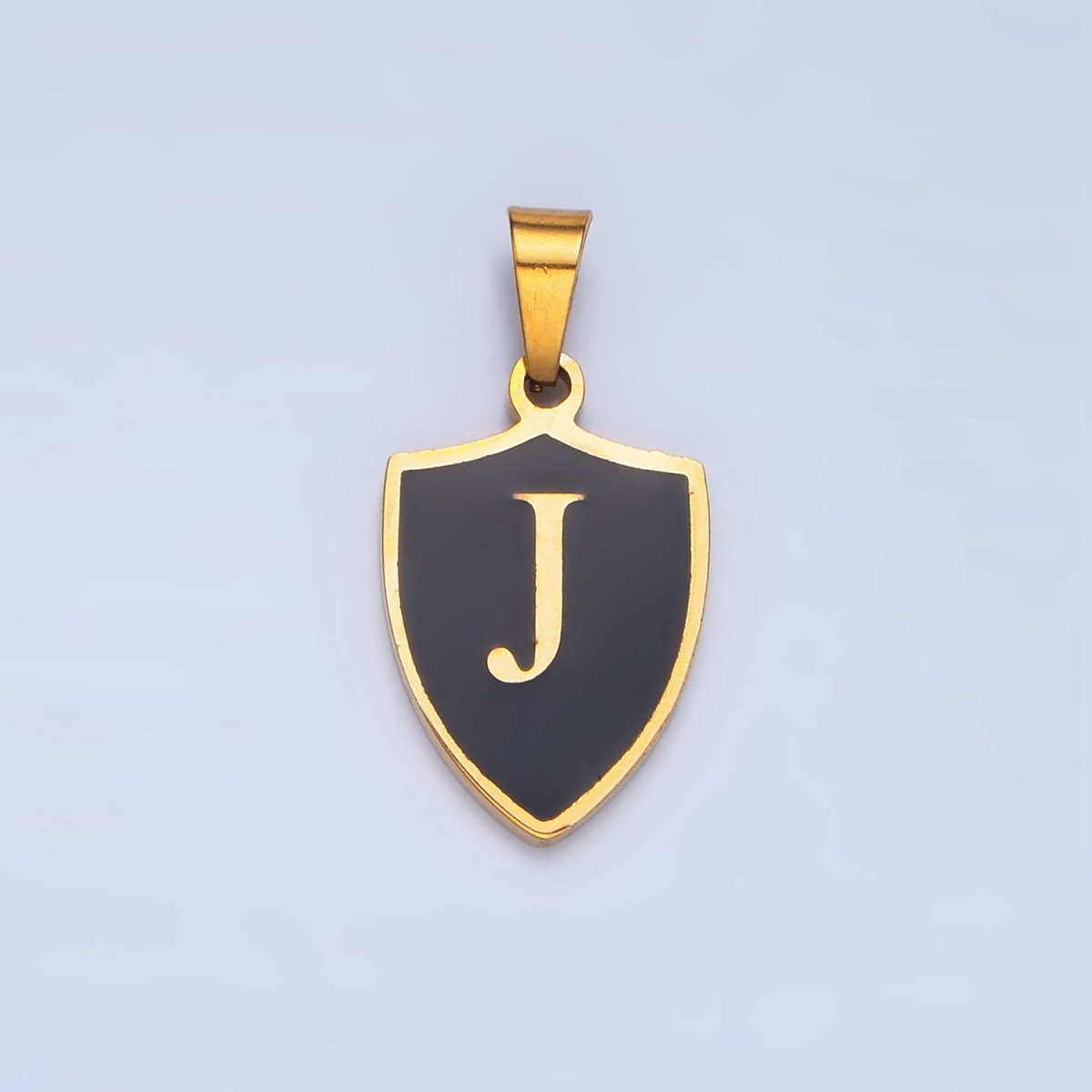 Stainless Steel Letter Initial Shield Black-White Enamel Double Sided Charm | A-A1617-A-A1629