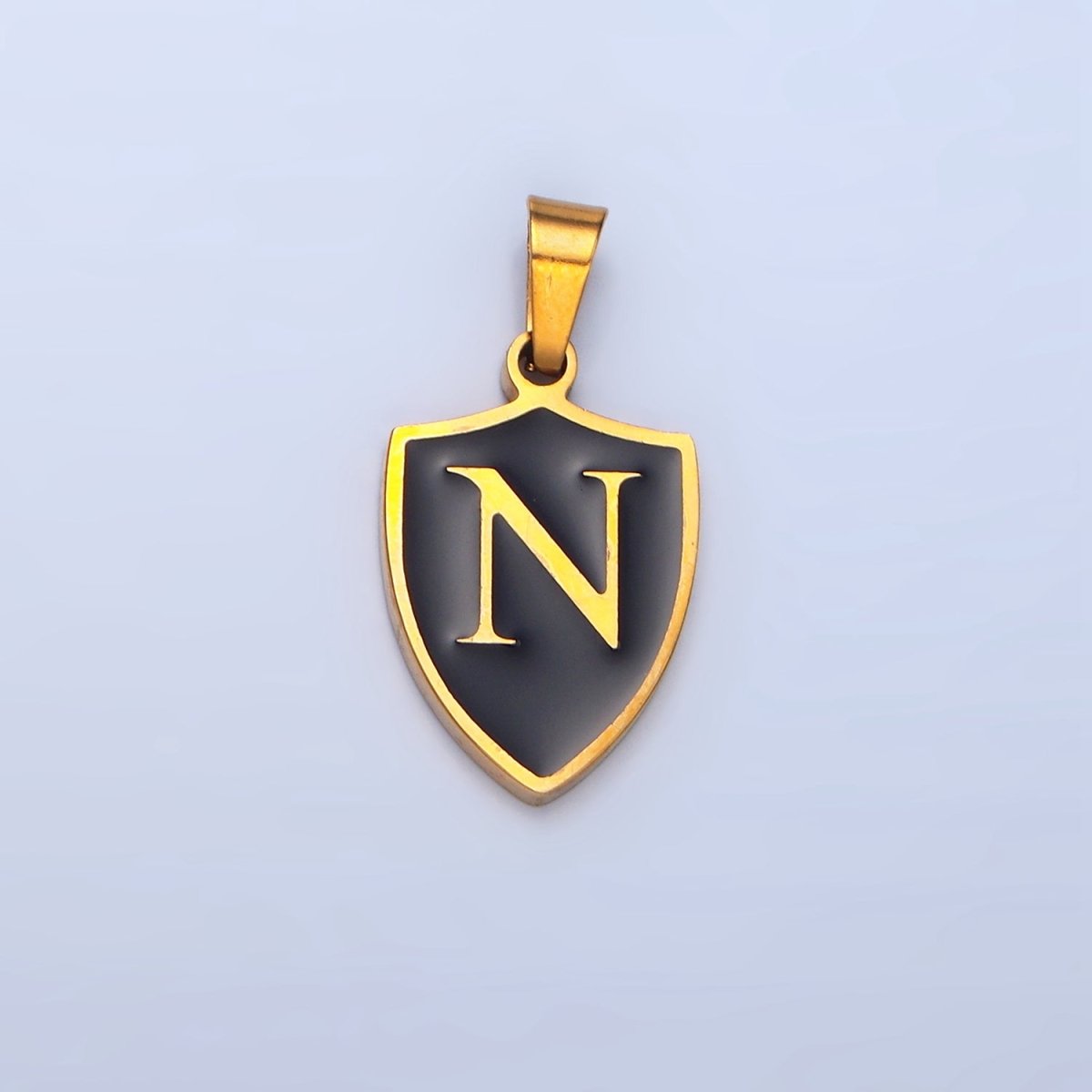 Stainless Steel Letter Initial Shield Black-White Enamel Double Sided Charm | A-A1617-A-A1629