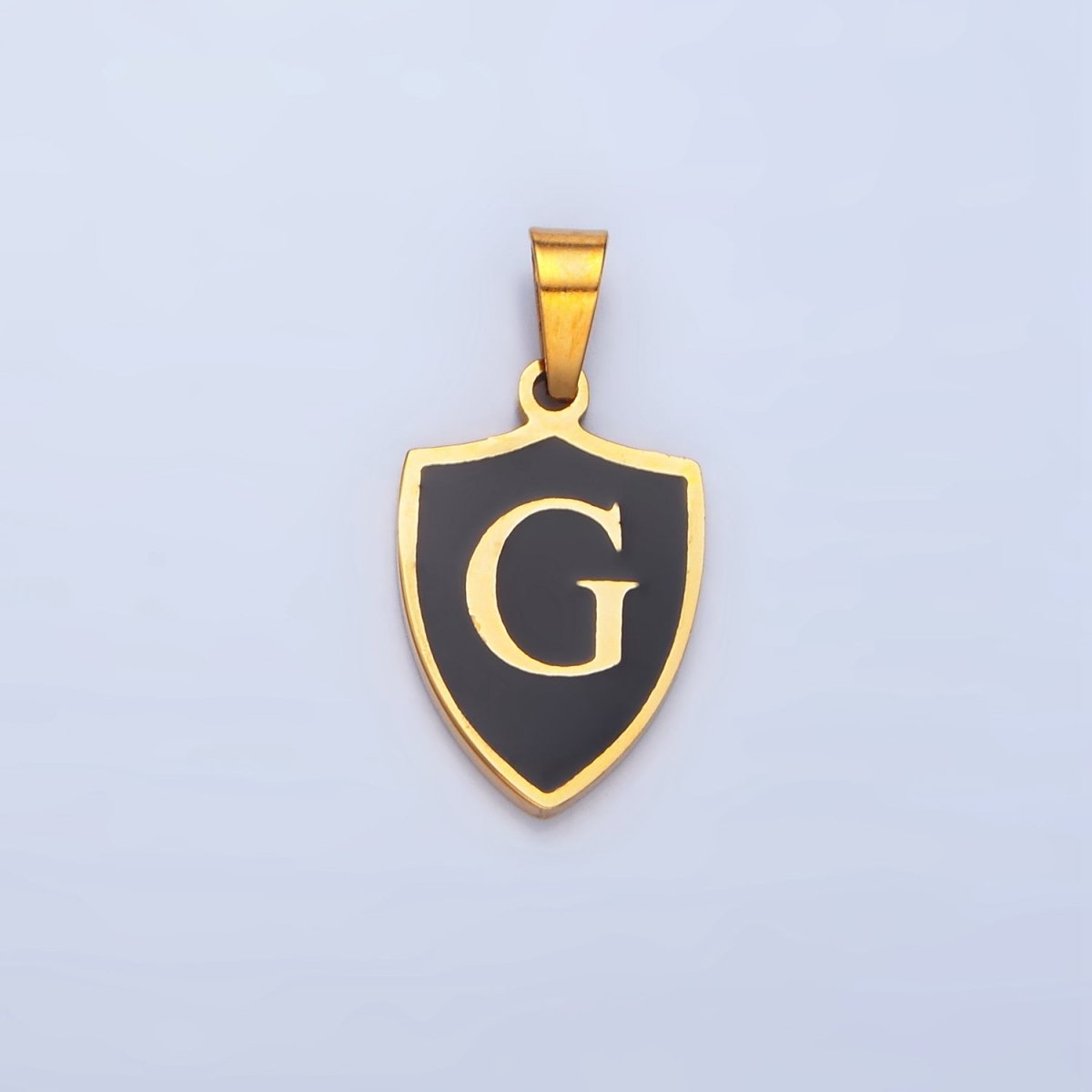 Stainless Steel Letter Initial Shield Black-White Enamel Double Sided Charm | A-A1617-A-A1629