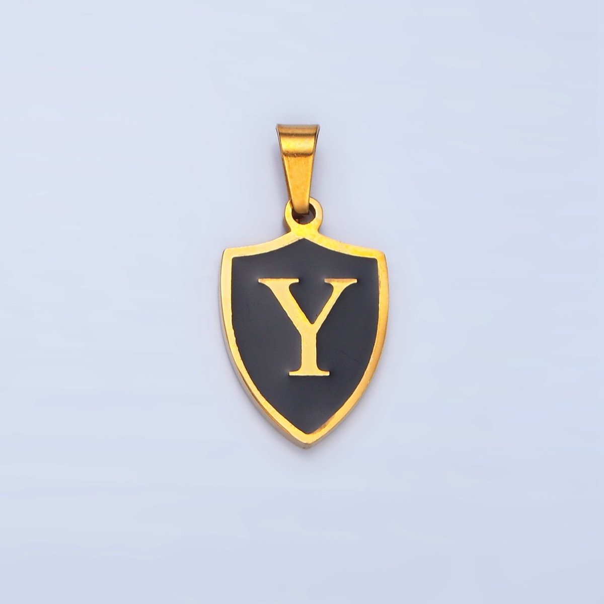 Stainless Steel Letter Initial Shield Black-White Enamel Double Sided Charm | A-A1617-A-A1629