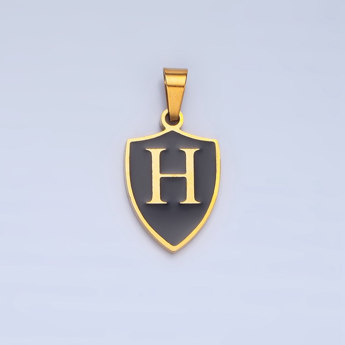 Stainless Steel Letter Initial Shield Black-White Enamel Double Sided Charm | A-A1617-A-A1629