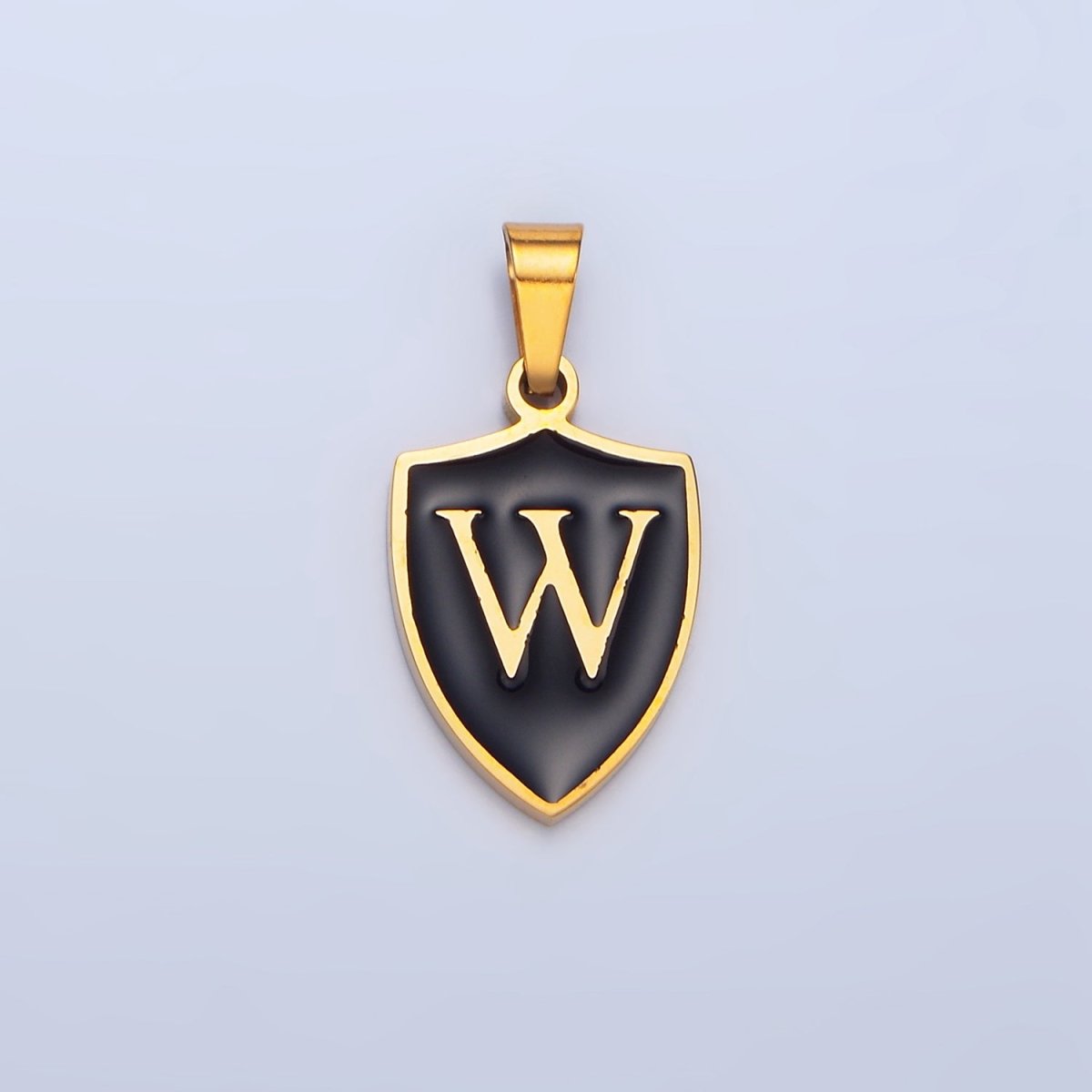 Stainless Steel Letter Initial Shield Black-White Enamel Double Sided Charm | A-A1617-A-A1629