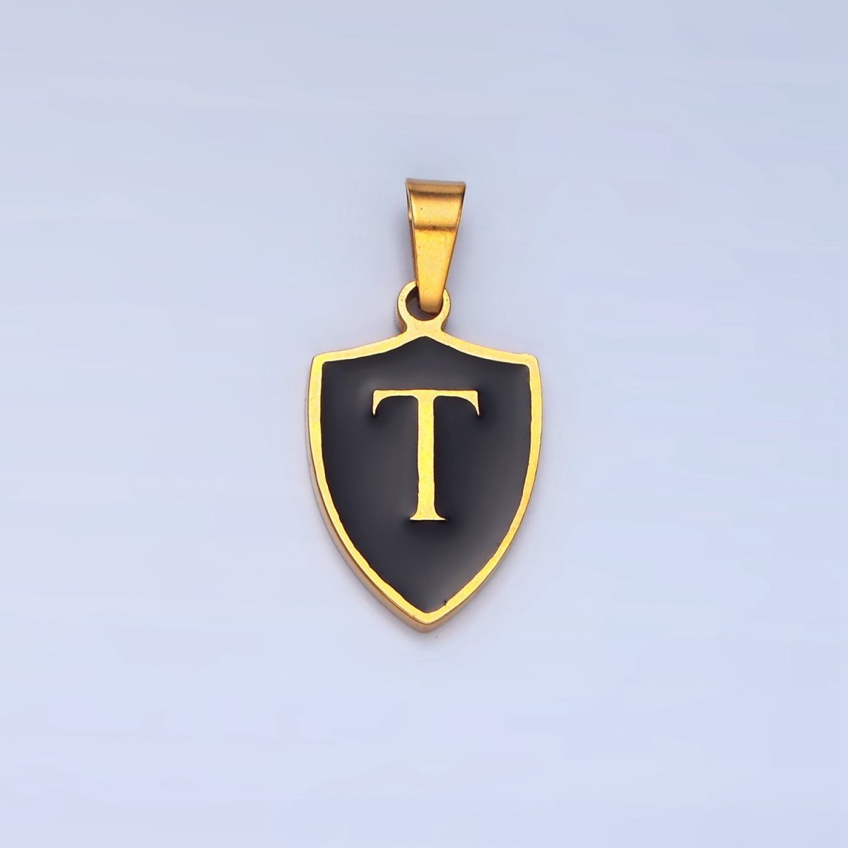 Stainless Steel Letter Initial Shield Black-White Enamel Double Sided Charm | A-A1617-A-A1629