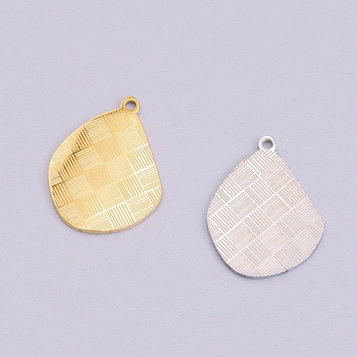 Stainless Steel Line Engraved Checkered Abstract Pear-Shaped Charm in Gold & Silver | P-918