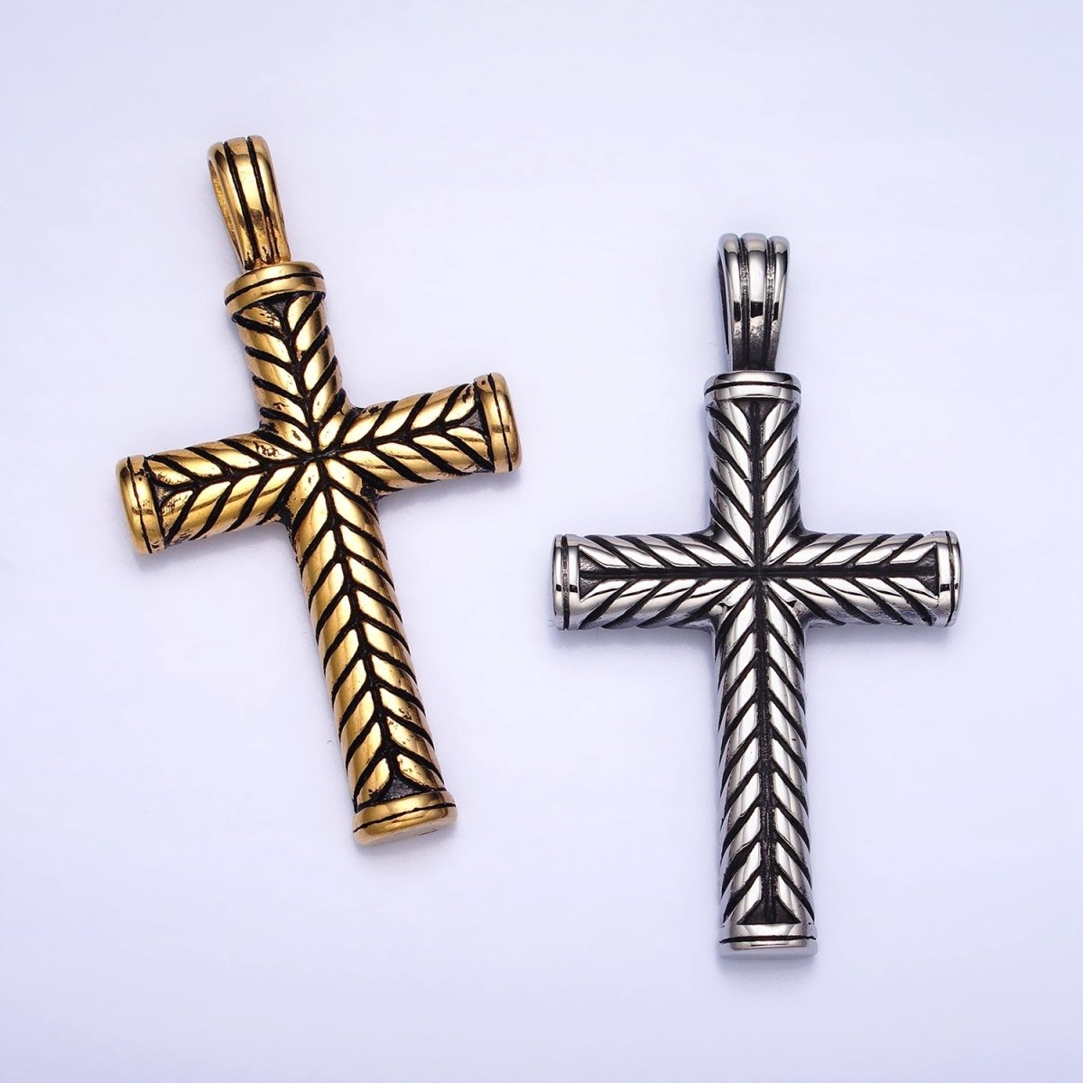 Stainless Steel Line-Engraved Religious 55mm Cross Pendant in Gold & Silver P-1144