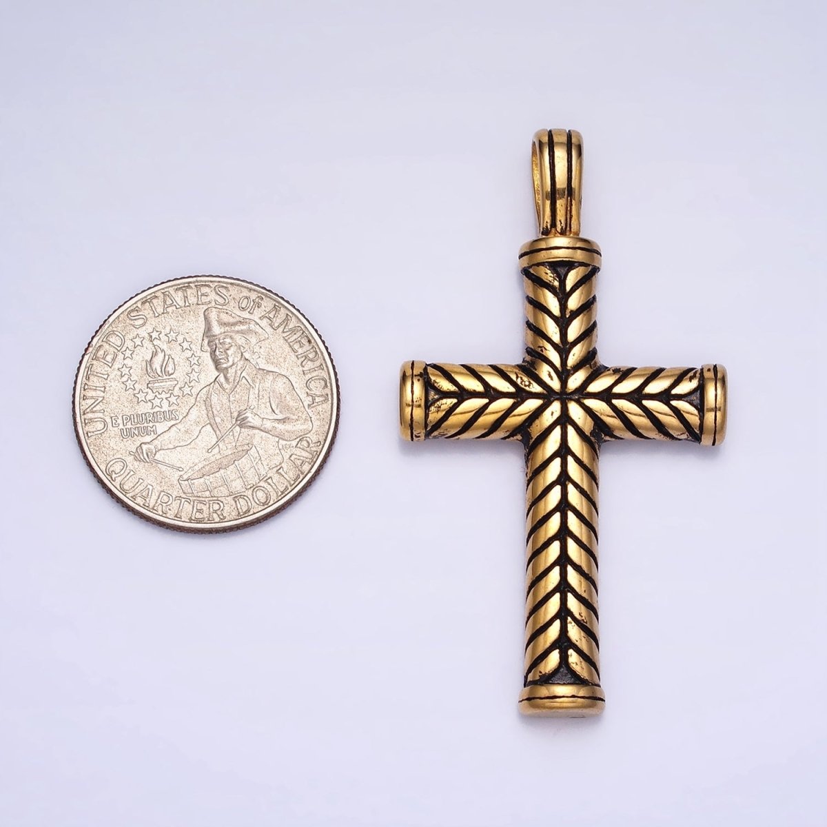 Stainless Steel Line-Engraved Religious 55mm Cross Pendant in Gold & Silver P-1144